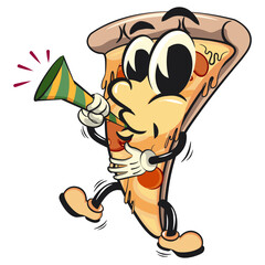 character of a slice pizza cartoon vector isolated clip art mascot illustration blowing party trumpet, work of hand drawn