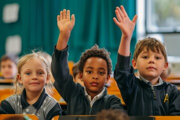 Three primary school students in the classroom with raised hands, eagerly waiting to answer the teacher’s questions, showcasing an engaged learning environment and enthusiasm for education.
