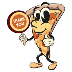 character of a slice pizza cartoon vector isolated clip art mascot illustration carrying a sign saying thank you, work of hand drawn