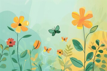 Vibrant Field of Yellow and Orange Flowers with Butterflies in a Sunny Day Nature Scene