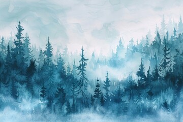 Watercolor illustration of misty winter forest, showcasing serene wild nature with snow-covered trees and ethereal mist. Perfect for winter landscape enthusiasts.