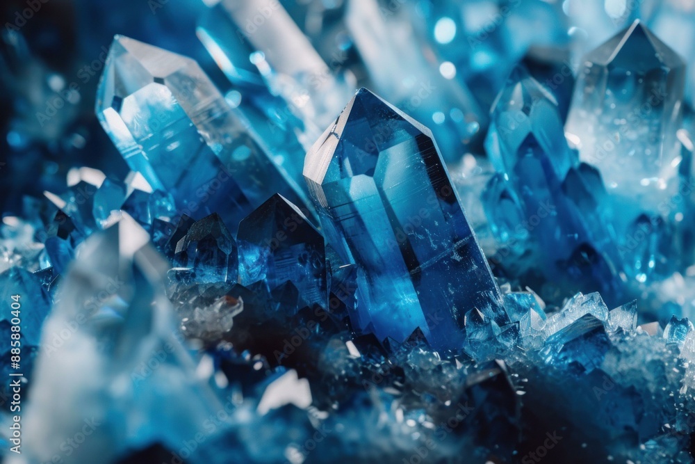 Poster Group of blue gemstones sparkling in the light with a shallow depth of field