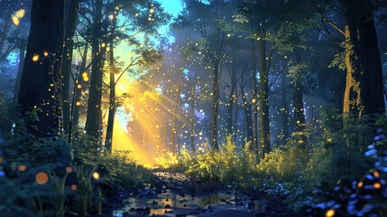 Naklejka premium 3D cartoon in the forest with a star twinkle background. wallpaper cartoon in the forest