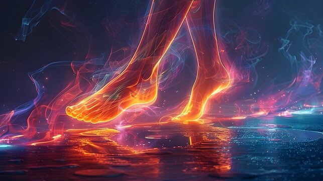 A person's feet are on the ground and surrounded by sparking light. This concept conveys danger and excitement, as the person is running through a powerful force.