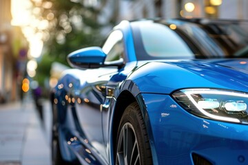 Fototapeta premium Sleek blue electric sports car parked on a city street with the setting sun reflecting off its glossy paint