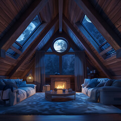 Moonlit Serenity: A Spacious Attic Room with Dormer Windows on a Starry Night