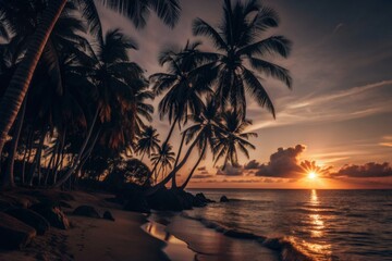 Beautiful panoramic sunset tropical paradise beach. Tranquil summer vacation holiday landscape. Tropical sunset beach coast palms. Calm sea sky panorama.