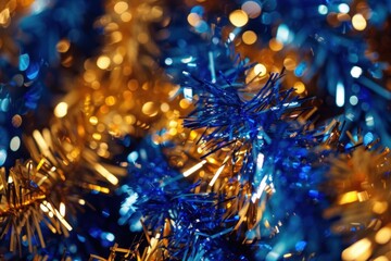 Golden and blue tinsel shining bright creating a festive christmas background