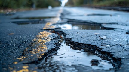 Fototapeta premium Texture of damaged asphalt road surface, cracked asphalt road with hole and water from rain in, close up 