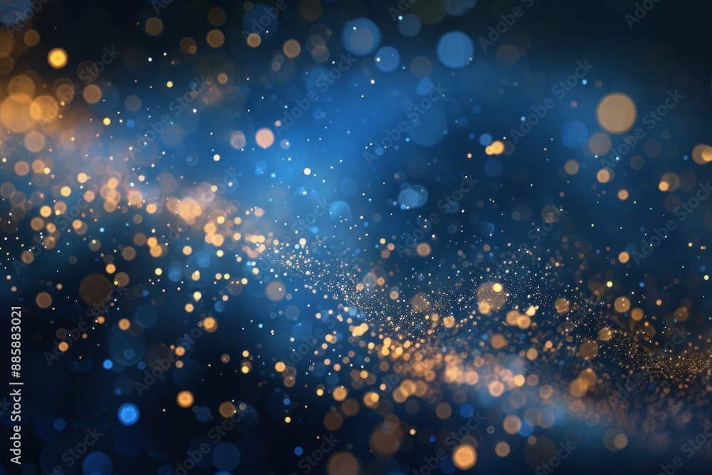 Poster abstract blue background with golden particles creating a bokeh effect, perfect for technology or fe