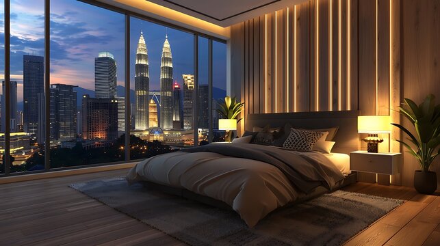 Fototapeta Modern Bedroom with Cityscape View