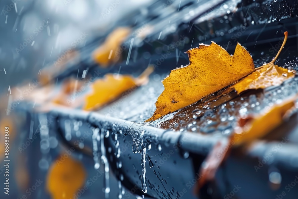 Poster a leaf is on a gutter and it is raining
