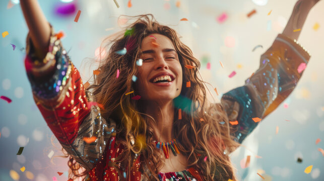 A photograph of a jubilant woman with arms raised, confetti surrounding her, in a stylish outfit. The background is a light