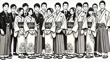Detailed group photo of young adults in furisode for Coming of Age Day