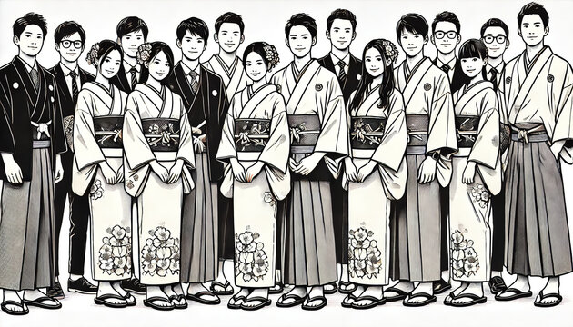 Detailed group photo of young adults in furisode for Coming of Age Day