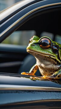 A photo of a frog sitting on a luxury car sofa wearing transparent sunglasses and smiling slightly