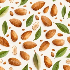 Watercolor seamless pattern, almonds, light brown, realistic and detailed style, white background
