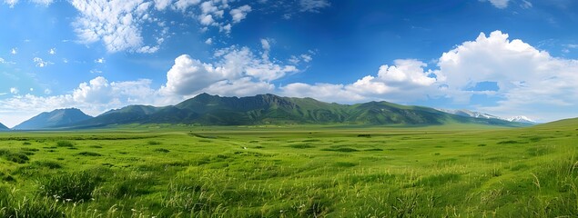 Fototapeta premium Green Grassland with Distant Mountains and Blue Sky