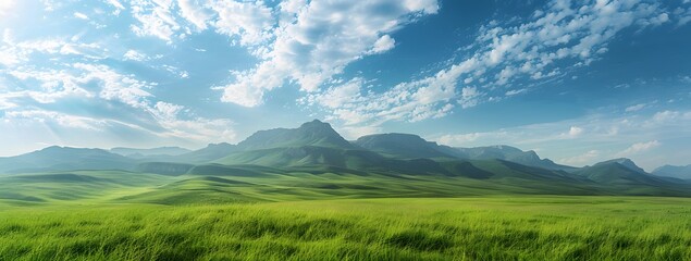 Fototapeta premium Tranquil Green Grasslands & Distant Mountains