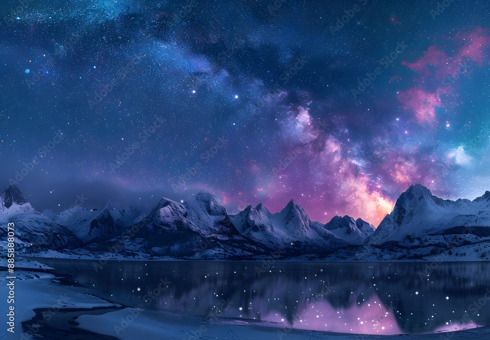 Wall mural Milky Way Over Snowy Mountains And Lake