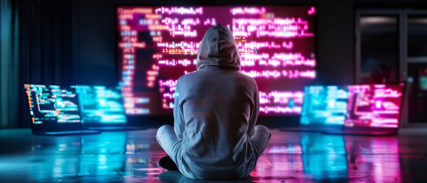 Digital Intrusion Dark Web Hacker Lair with Neon Code Illumination