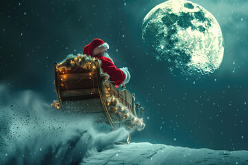 Santa Claus rides in wooden sleigh. Santa Claus moves towards huge moon like Santa Claus in Christmas sleigh with back to camera