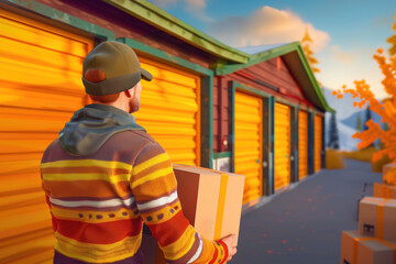 Man brings box into storage unit. Personal warehouse for businessman. Guy rents outdoor storage unit. Storerooms with closed gates