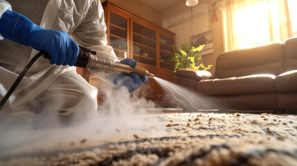 Extermination of insects in apartment. Hands of exterminator using spray bottle with insecticide. Specialist sprays poison against cockroaches and ants. Exterminator treating carpet in living room