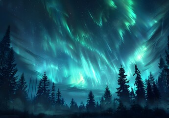 Magical Aurora Borealis Over Forest