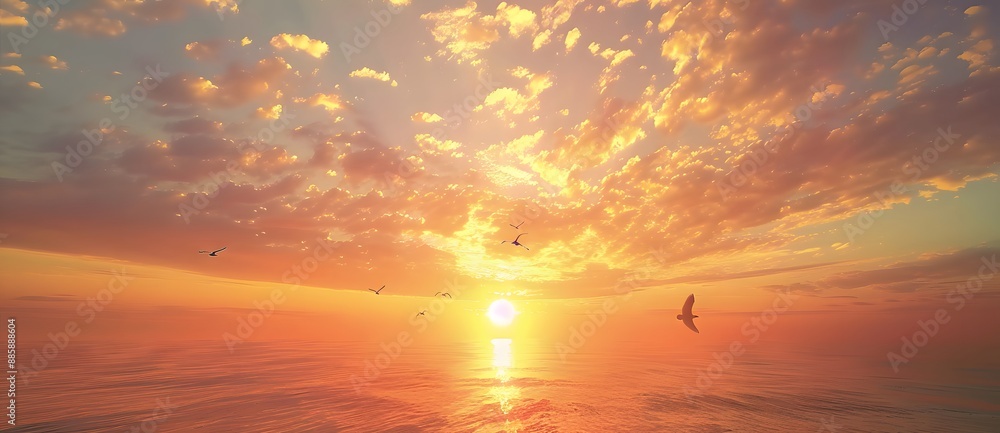 Wall mural Golden Sunset Sky with Birds Flying