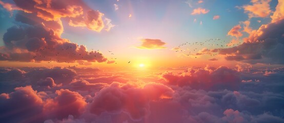 Obraz premium Golden Sunset Above Clouds With Birds Flying