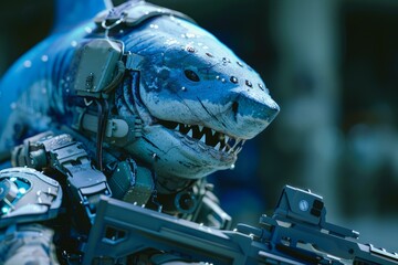 Fototapeta premium Futuristic shark soldier wearing a helmet and armor is holding a large gun