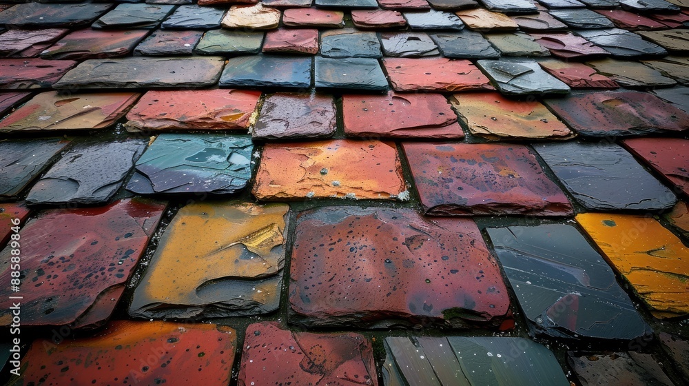 Poster a colorful tiled roof with a few spots of water on it. the tiles are of different colors and sizes, 