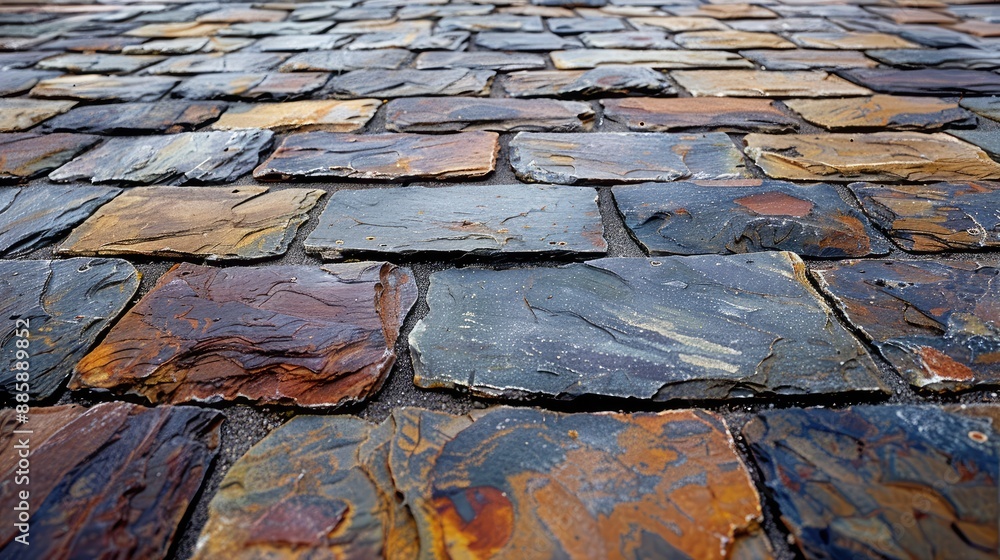 Poster a close up of a brick wall with a variety of different colored bricks. the bricks are arranged in a 