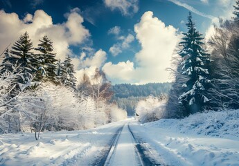 Obraz premium Snowy Road Through Black Forest Landscape