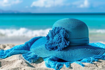 Blue sun hat and sarong are lying on the sand of a tropical beach, with turquoise sea and blue sky in the background