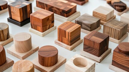 A collection of wooden blocks with various shapes and sizes. The blocks are arranged in a way that they look like they are stacked on top of each other
