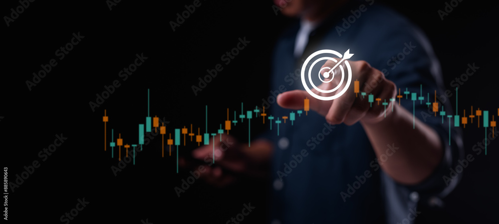 Poster a businessman holds a tablet displaying a virtual graph icon, analyzing financial data. this represe