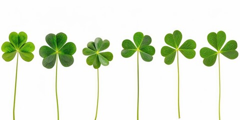Rowed of green clovers are lined up on a white background