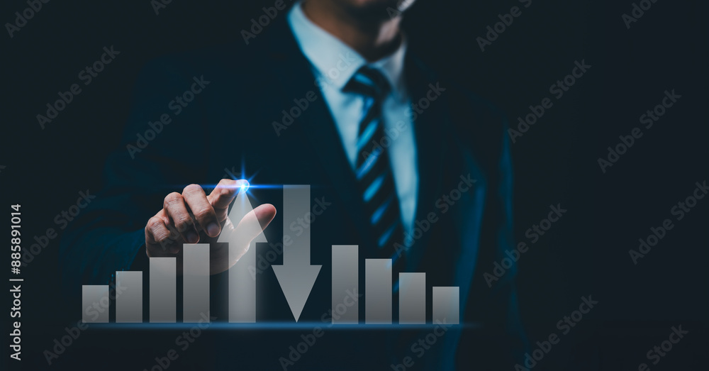Poster businessman with virtual cost and quality icons to improve work efficiency, focusing on quality cont