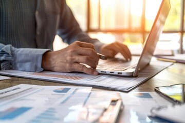 A tax advisor sitting at a desk with a laptop and financial documents, explaining tax planning strategies to a client in an office