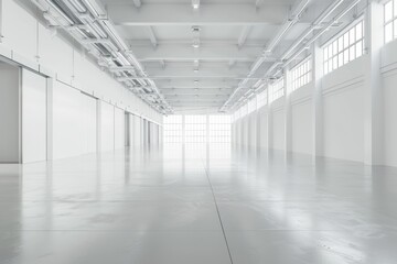 Empty modern white warehouse with a spacious interior and clean white background