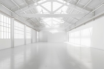 Empty modern white warehouse with a spacious interior and clean white background
