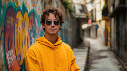 Obraz premium Person in a yellow hoodie and sunglasses standing in an urban alleyway with colorful graffiti on the walls, exuding a casual and confident vibe.