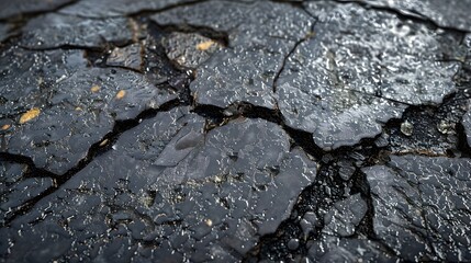 Fototapeta premium Texture of damaged asphalt road surface, cracked asphalt road with hole and water from rain in, close up 