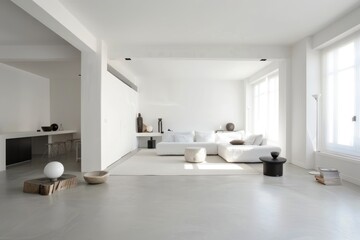 Fototapeta premium A spacious living room with white walls and minimal furniture, including a simple white couch and a few accents. The raw photo emphasizes the airy and uncluttered design.