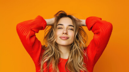 A photograph of a young woman, dressed in a red sweater, showing a victory pose
