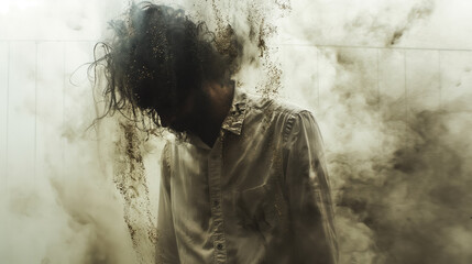 Obraz premium Man with disheveled hair standing in a cloud of dust, creating a dramatic and mysterious atmosphere with shadows and light.
