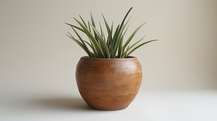 Potted green plant in a simple, round clay pot on a light background, showcasing minimalistic and natural aesthetics.