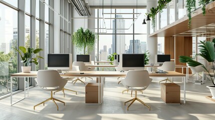 Modern office setup with desks, computers, and chairs, highlighted by expansive windows showcasing the city skyline, and designed with white and wooden accents in a bright environment.